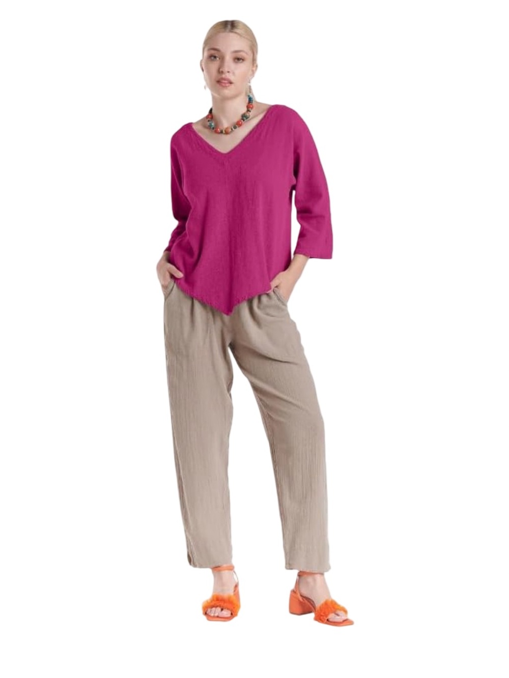 Oh My Gauze Asymmetrical Cotton V Neck Top Womens Size 3 XXL Fuchsia